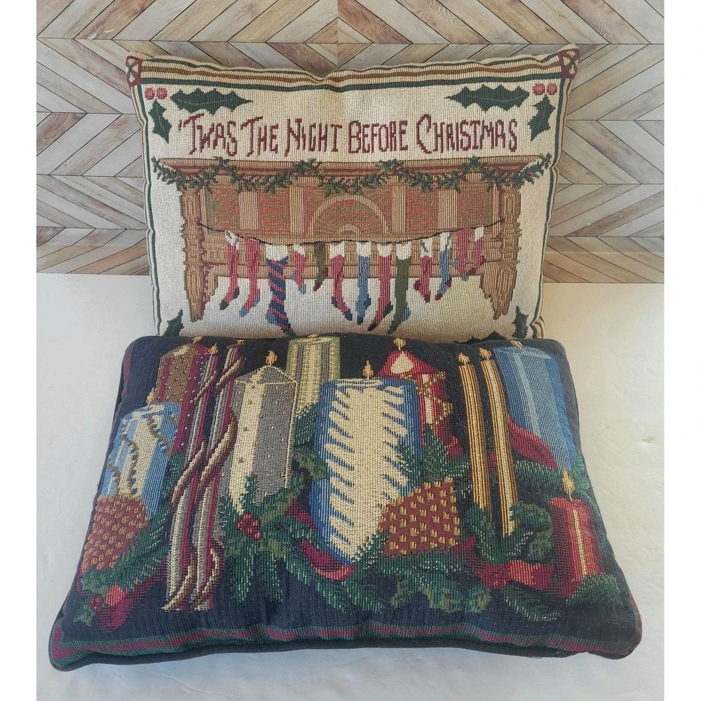 2 VTG Tapestry Throw Pillows Twas Night Before Christmas Candles Cushion Decor